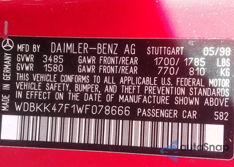 1998 Mercedes-Benz Slk 230 из США, поврежденный, VIN WDBKK47F1WF078666